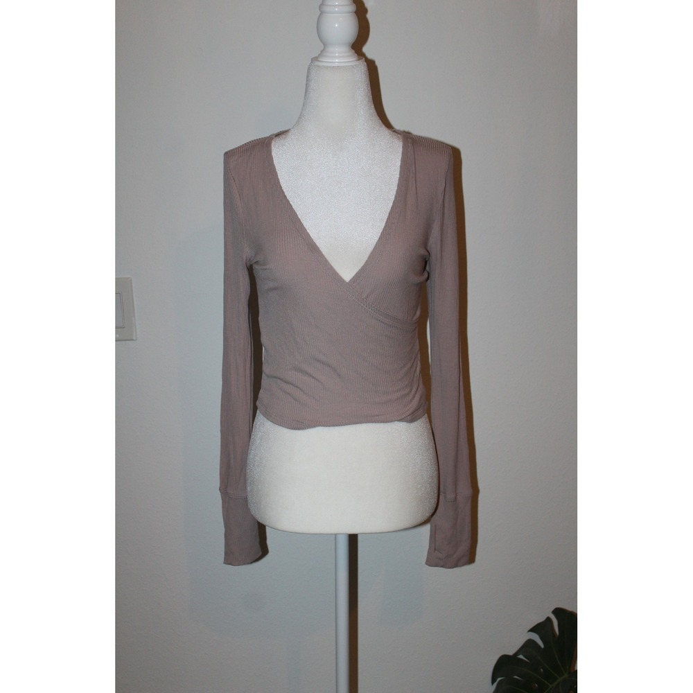 OFFLINE by Aerie Women Mauve Ribbed Faux Wrap Long Sleeve Top Thumbholes Small